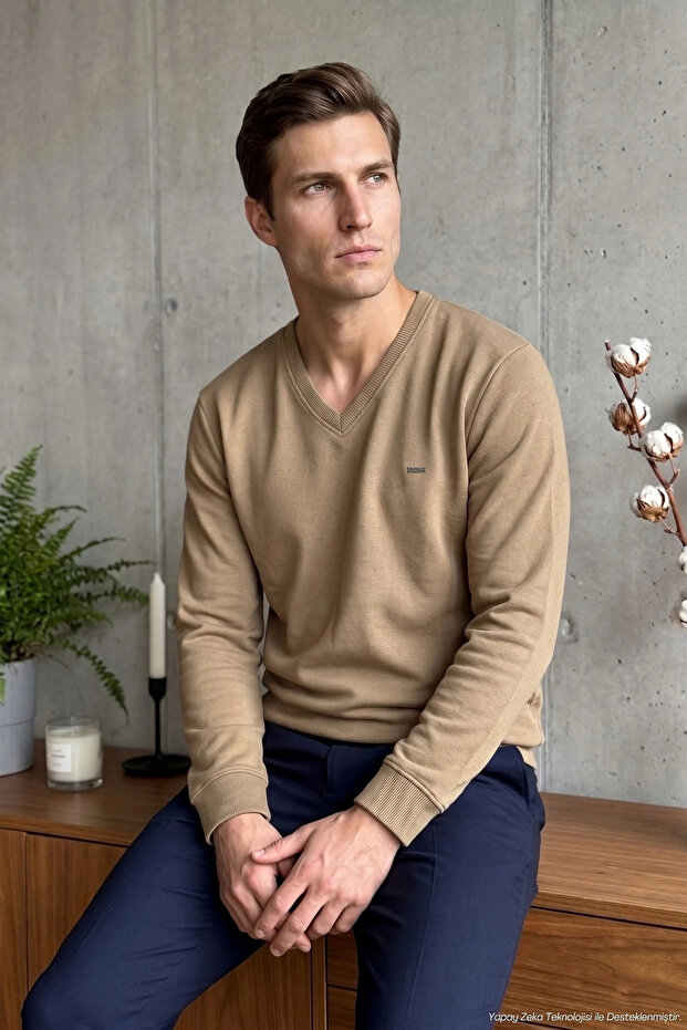 Men's V-Neck Wheat Sweater Thessaloniki Knit Solid Color Classic Fit - 5550D
