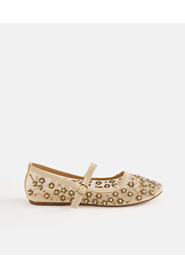 Women Beige Embroidered Ballerinas