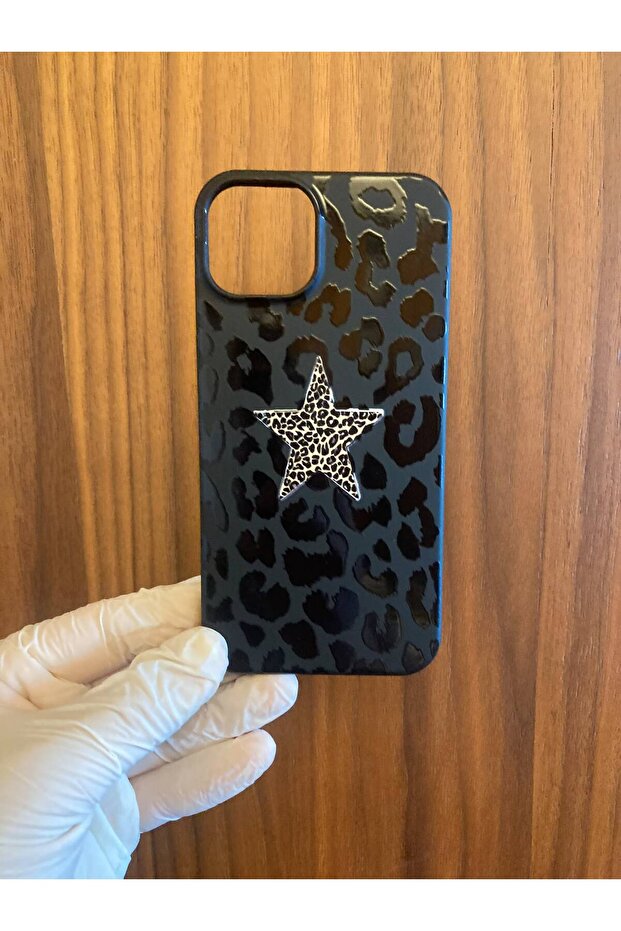 iPhone 13/14 Star Leopard Printed Inside Velvet Launch Silicone Phone Case (Black Color)