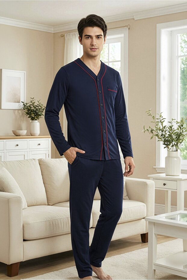 Men's navy blue full-length buttoned pajama set, 100% cotton, hospital pajamas