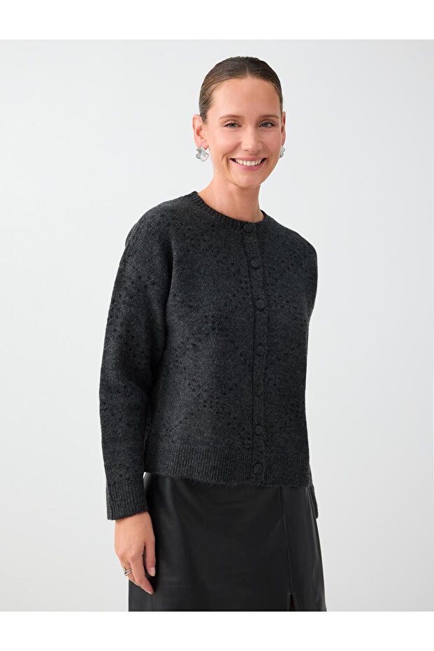 Anthracite Crew Neck Straight Cut Glitter Detailed Knitwear Cardigan