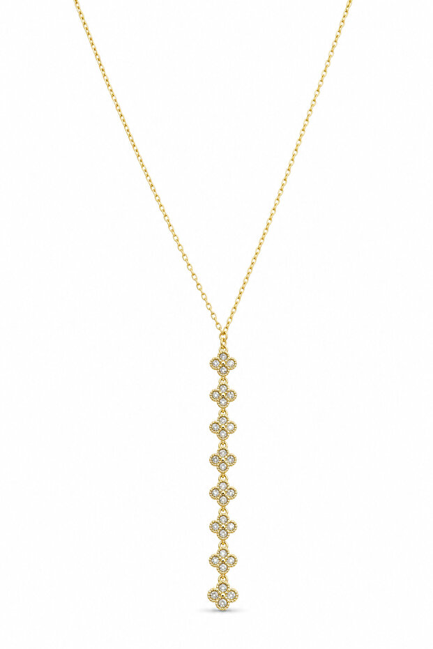 Stylish Clover Motif Stone Detailed Yellow Color Bijouterie Necklace