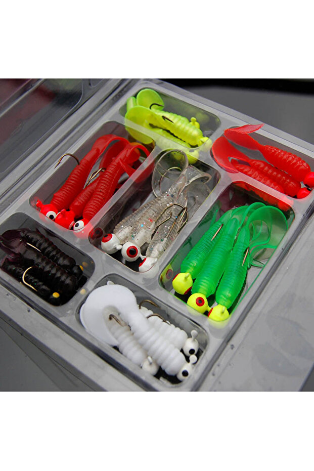 21Pcs 21Pcs/Set Mini Soft Fishing Lure Jig Head Hook Grub Worm Silicone Fish Baits Shrimp Bait Artif