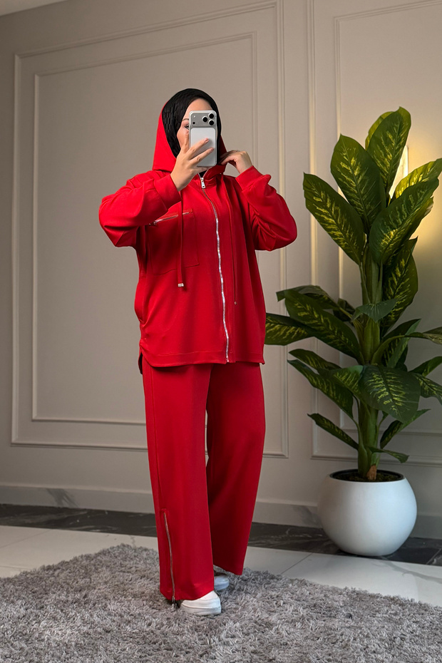5343 - Stylish, Comfortable, Loose-Fitting Viscose Soft Modal Fabric Hooded Women's Set with Pocket Detail