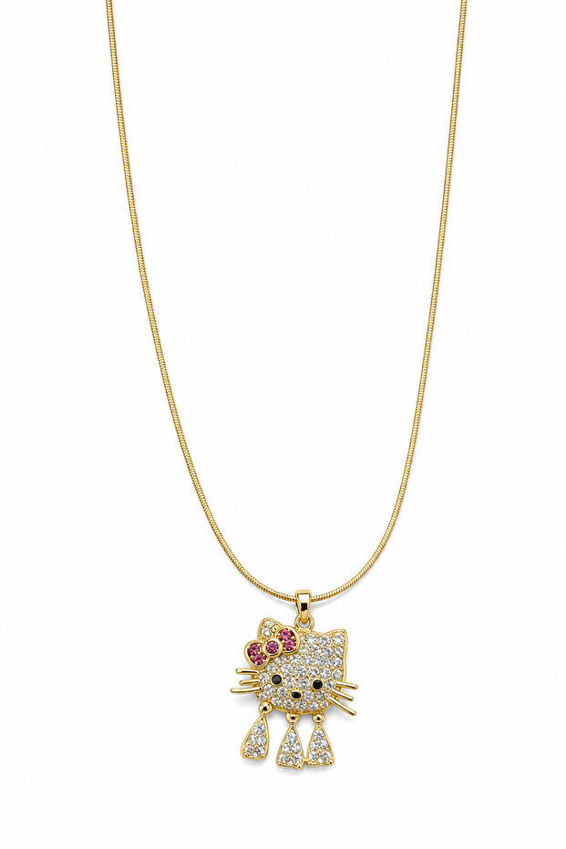 Stylish Yellow Color Steel Cat Figured Necklace with Zircon Stones - Rust-Proof and Durable