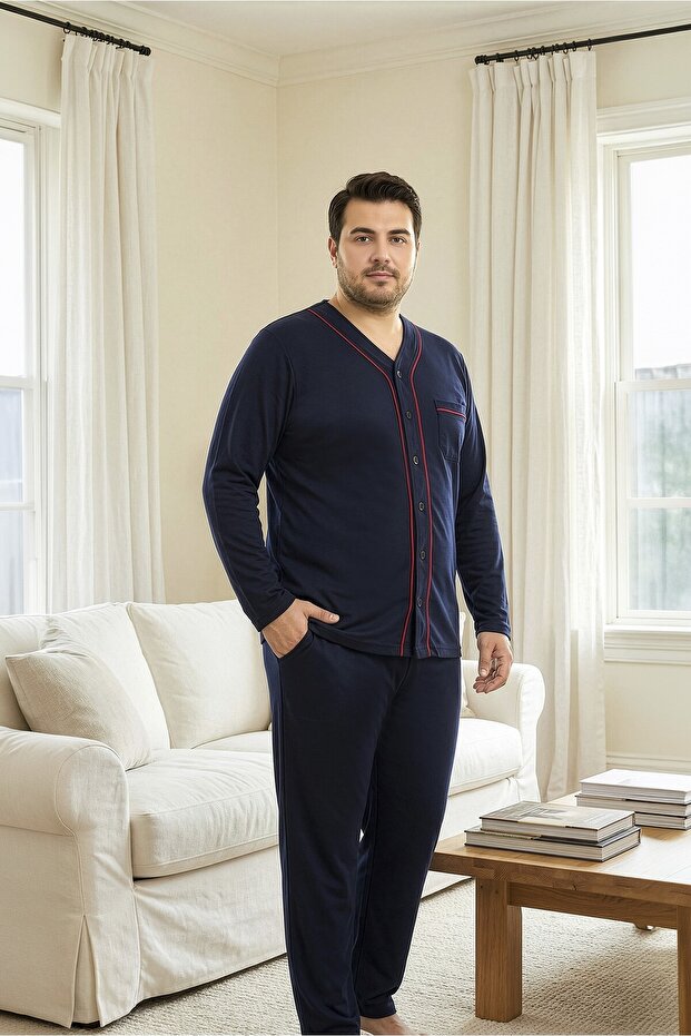 Men's Navy Blue 100% Cotton Uzunkol Tok Fabric Button-Down Large Size Comfortable Fit Pajama Set