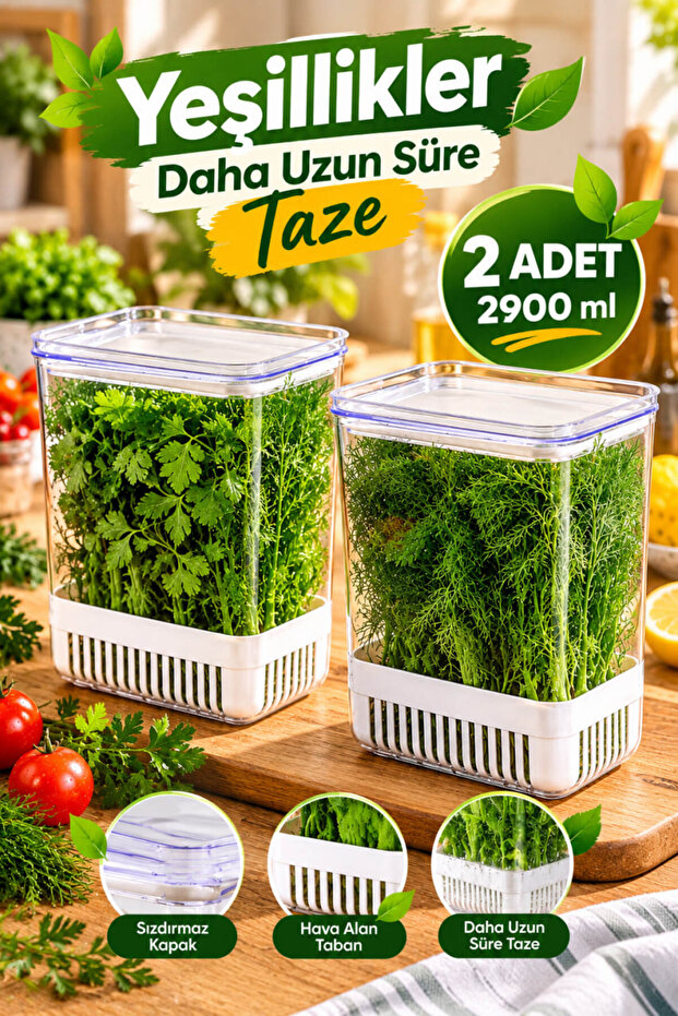 2 Pieces Green Food Storage Container 2900 ml with Strainer Vegetable Fruit Fresh Keeper Storage Box