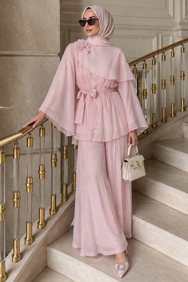 Floral Detailed Asymmetrical Pink Hijab Suit 26102P