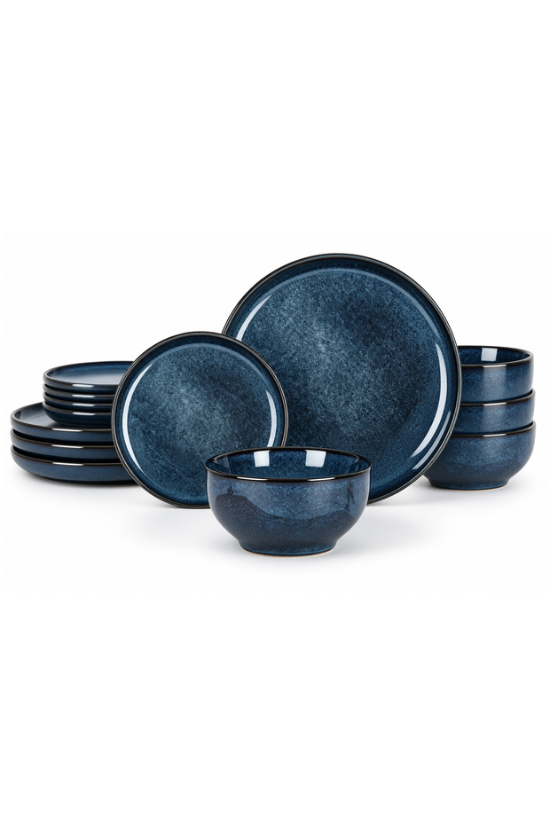 RAH 12-Piece Stoneware Dinner Set, Marble Blue 4 Dinner Plates, 4 Side Plates & 4 Bowls
