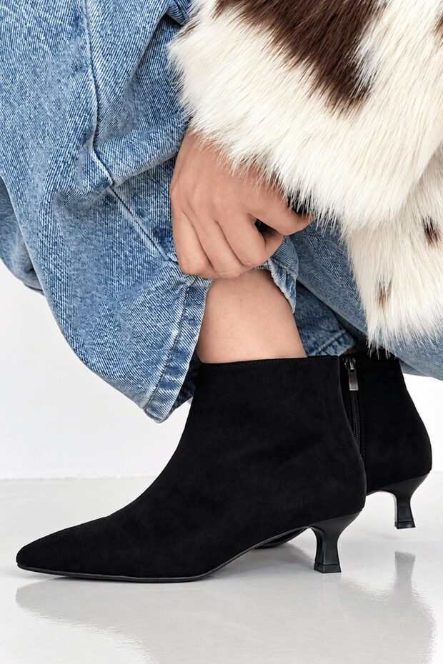 Denis Women's Suede Black Pointed Toe Low Goblet Heel Side Zipper Stylish Boots 3.5 cm Heel (Narrow Fit)
