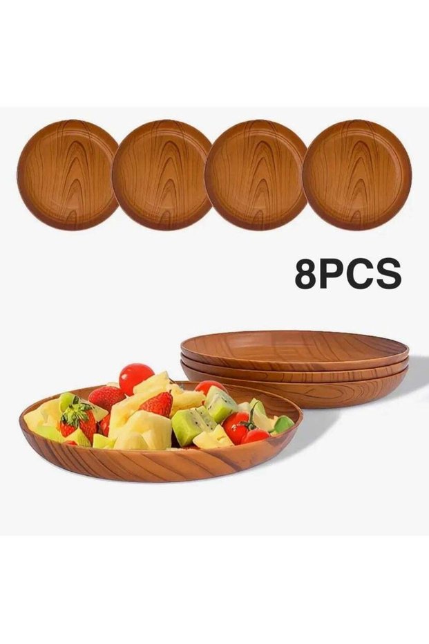 8PCS 20cm Round Wood Grain Serving Plates – Lightweight Unbreakable PP Plastic, Dessert & Fruit Pla