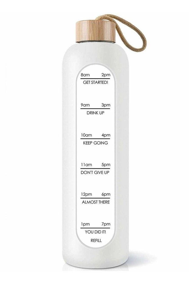 32 Oz Borosilicate Glass Water Bottle with Time Marker Reminder Quotes, Leak Proof Reusable BPA Free Motivational Water Bottle with Silicone Sleeve and Bamboo Lid (White)