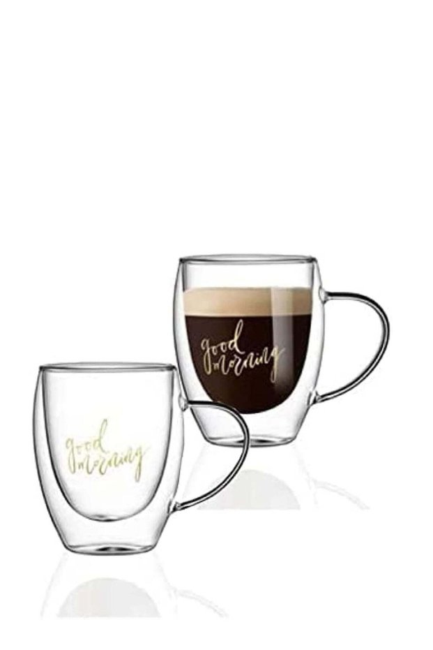 Set of 2- 350ML Borosilicate Double Wall "Good Morning" Printed Glass With Handle