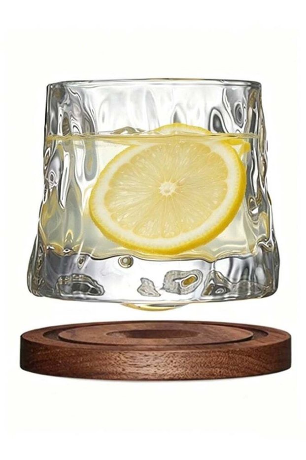 2 Pcs Rotatable Tumbler Crystal Glass Cups, Drinking Glasses with Creative Walnut Coasters and Gift Box - for Coffee,Milk ,Water , 5.64oz/160ml