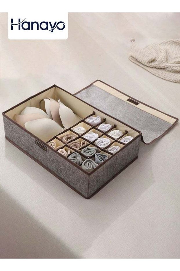 Storage Box 17 Cells Closet Drawer Organizer with Lid Foldable Underwear and Bras Drawer Organizers Non-woven Fabric Storage Box Divider Bins for Bra Socks Underware Ties(Grey)