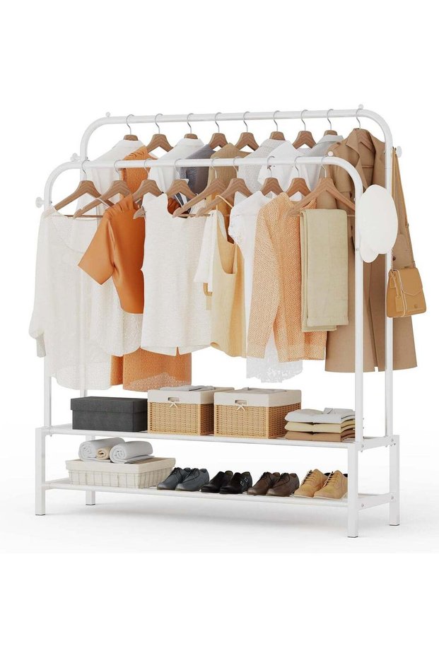 Double Hanging Rod Garment Rack Hanger with Top Rod and Lower Storage Shelf, Closet Organizer Clothes Rack for Bedroom, Living Room and Entryway Steel Wall Shelf