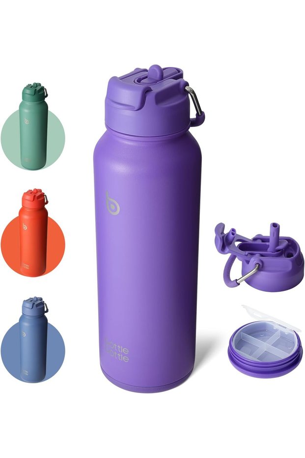 BOTTLE BOTTLE 40 oz Insulated Sports Water Bottle with Straw and Pill Holder - Dark Purple