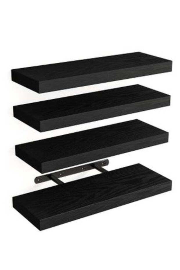 Set of 4 black Rustic Floating Wall Shelves with Metal Brackets, Wood Wall-Mounted Storage for Bathroom, Bedroom, Kitchen, or Living Room Decor
