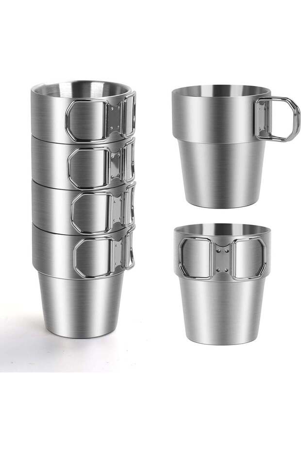 4-Pack Stainless Steel Camping Cups with Foldable Handle, 10 oz Camping Coffee Mugs with Double Wall Design, Ideal for Outdoor Activities, Travel, and Home Use