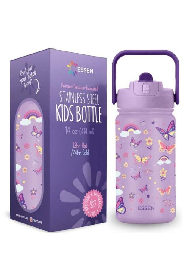 Kids Water Bottle Stainless Steel for School Girls with Straw Vacuum Insulated Water Bottle BPA-Free Leak-Proof Baby Toddler Water Bottle Double Walled Bottle for Kids – 414 ml/14 oz(Butterfly)
