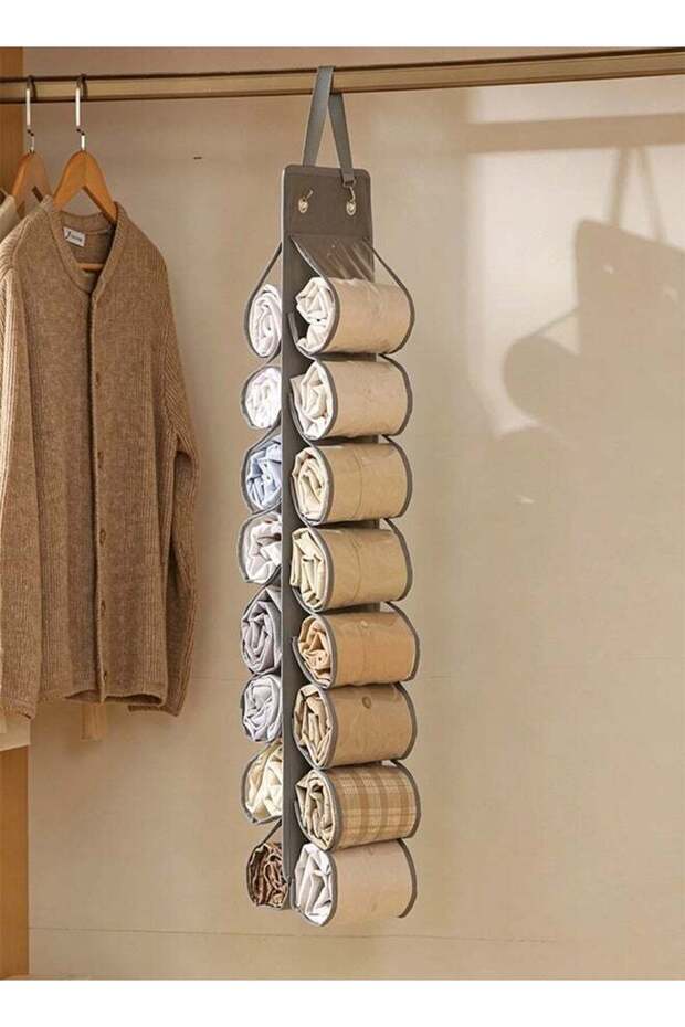 Legging Organizer Storage, T-Shirt Hanging Closet Hanging Clothes Organizer with 16 Roll Compartments for Yoga Pants, Tank Top, Towel, Underwear, Shirt (Grey)