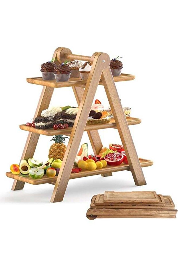 4 Pack Wood 3 Tier Serving Tray Set 3 Tiered Cupcake Stand and 3 Pcs Wood Tray Rectangle Serving Pl