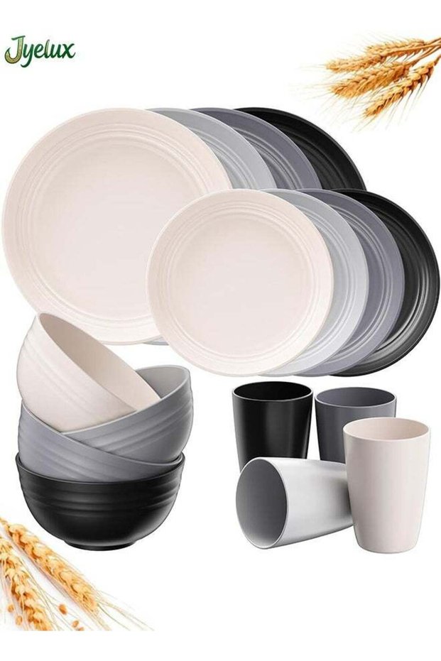 Wheat Straw Dinnerware Sets, 16PCS Plastic Dinnerware Set for 4, Wheat Straw Plates and Bowls Sets,