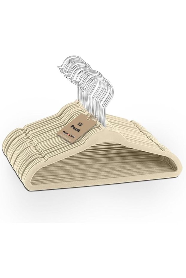 Red Dot Gift 15-Pack Beige Baby Velvet Hangers 28cm - Nursery Clothes Hangers Non Slip Toddler Hangers, 360 Chrome Swivel Hook
