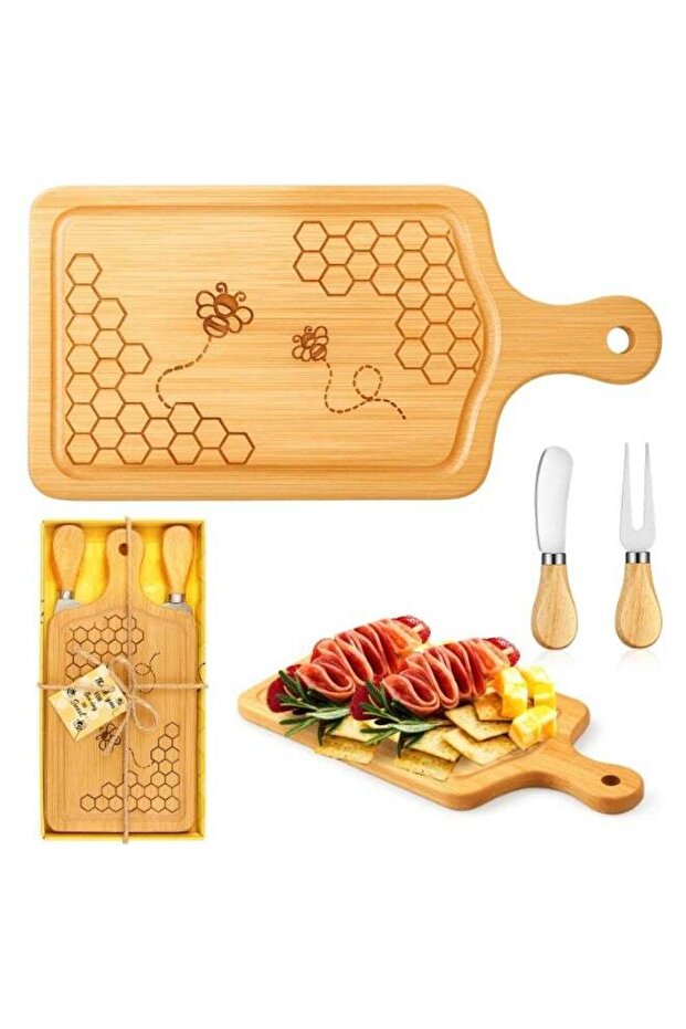 Solid Wood Honeycomb Charcuterie Cheese Board with Knife & Fork, Multi-Purpose Kitchen Cutting Boar