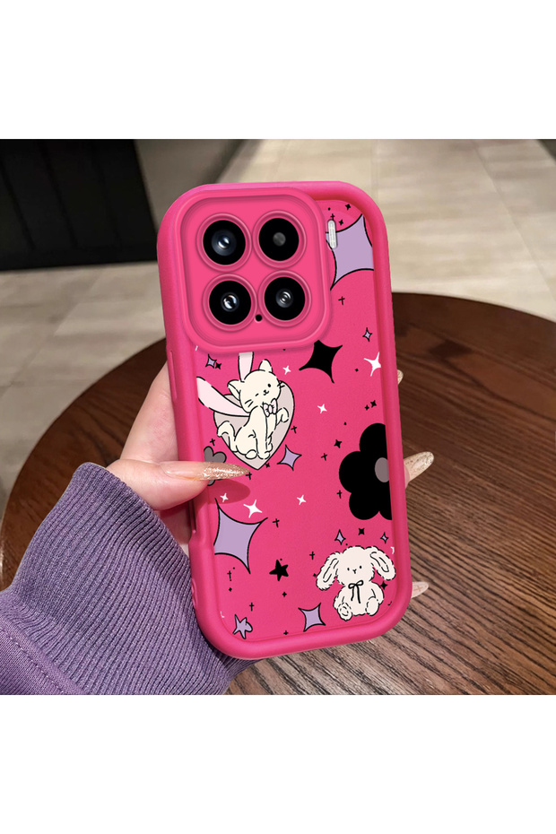 Mi 15 Compatible Pink Red Silicone Case Shockproof Camera Protection Cat and Star Pattern