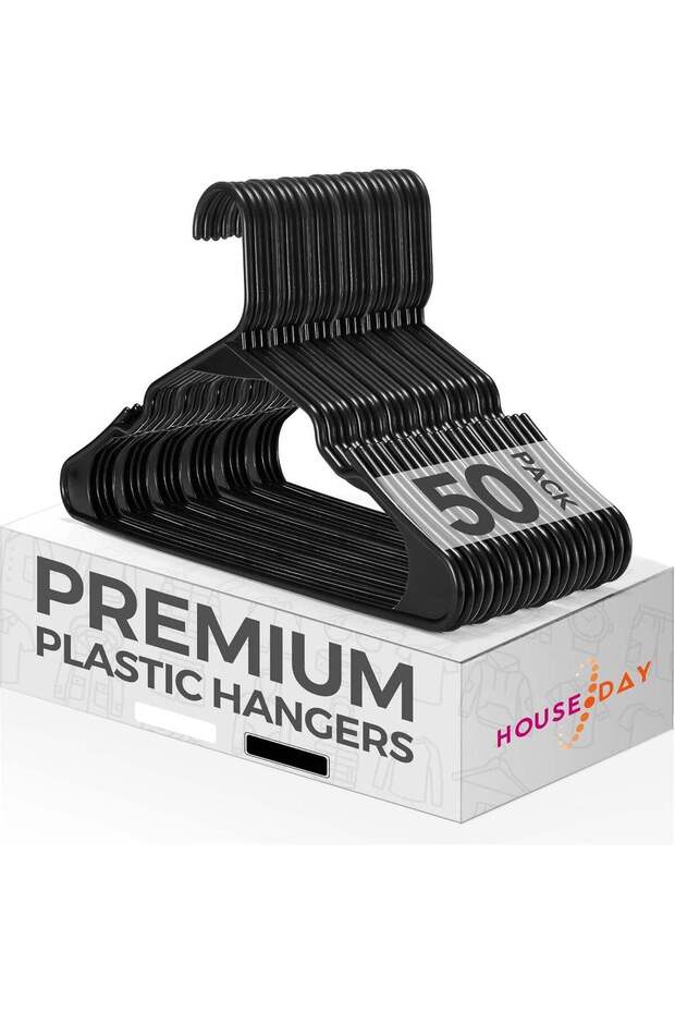 HOUSE DAY Pack of 50 Plastic Trouser Hangers - Non-Slip, Space Saving, Durable for Clothes, Black