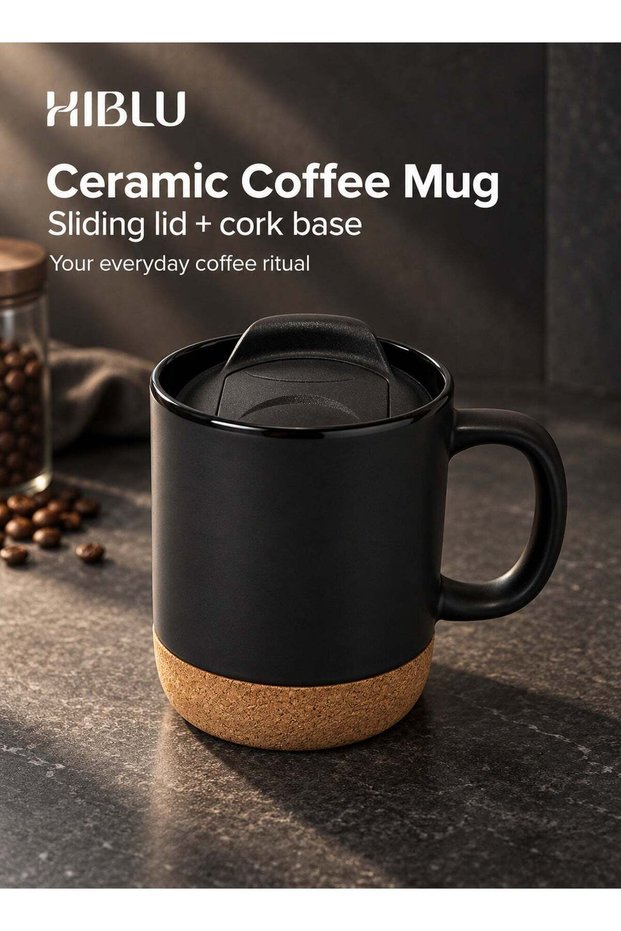 HIBLU Ceramic Coffee Mug with Sliding Lid and Cork Base - Black