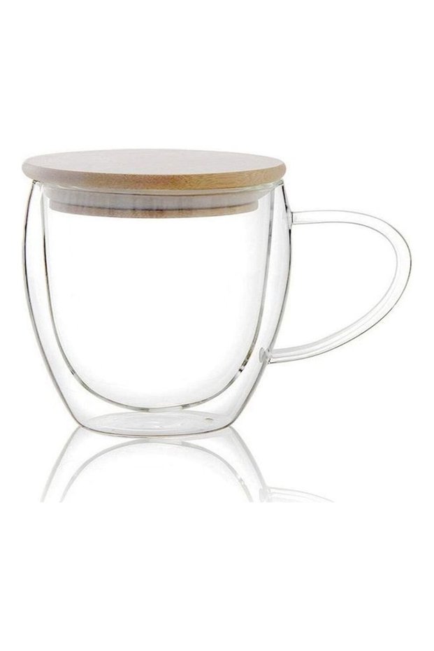 Double Walled Glass Coffee Cups with Handle and Bamboo Lid Clear 250ml