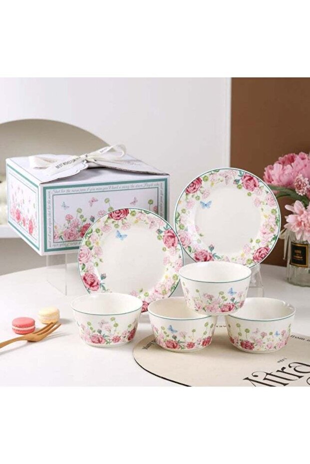 Six-piece rose ceramic bowl and plate set Nordic light luxury tableware set gift box