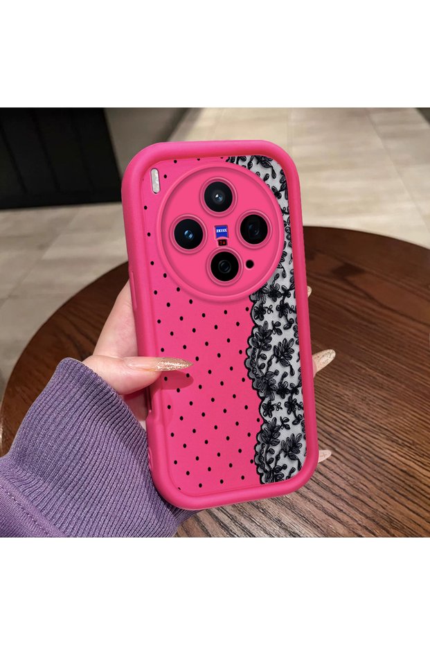 Vivo X300 Compatible Pink Red Silicone Case Shockproof Camera Protection Dotted Lace Pattern