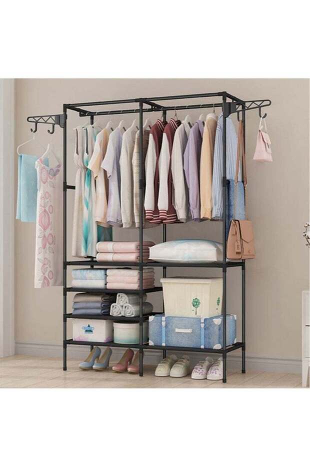 Simple Double-Row Storage Coat Rack, Home Bedroom Floor Storage Rack, Multifunctional Vertical Clothes Rack, Movable Coat Rack, Multi-Layer Reinforced Simple Clothes Rack with Hooks, Black