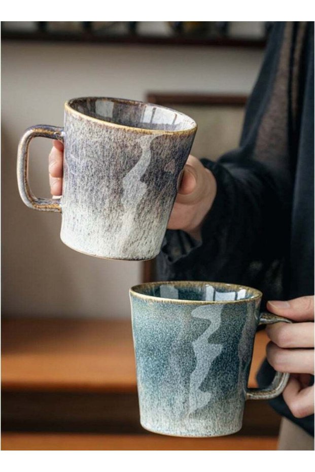 400ml Set of 2 Reactive Glaze Ceramic Tall Mugs Mixed Color Water Pattern Coffee Cups with Gold Rim Dishwasher & Microwave Safe Ideal for Coffee Tea and Modern Rustic Kitchen Tableware
