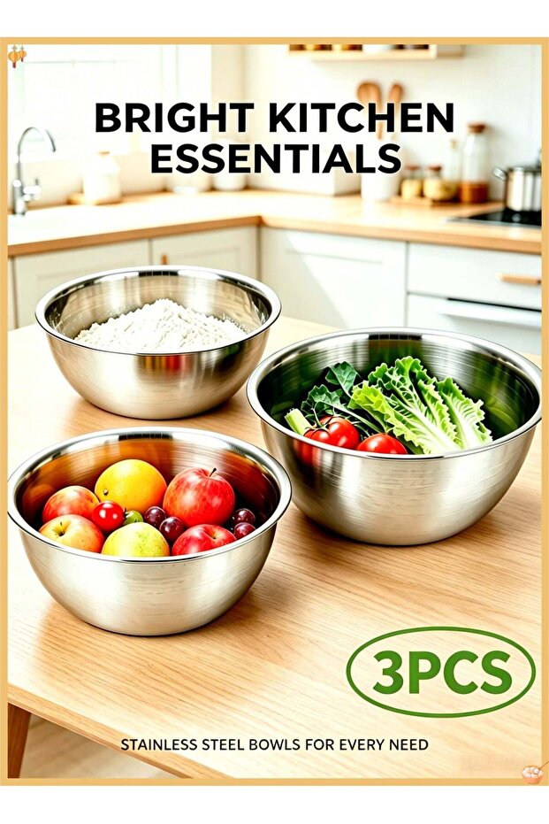 3PCS Premium Stainless Steel Mixing Bowl Set, Nestable Kitchen Prep Bowls, Multi Purpose For Dough