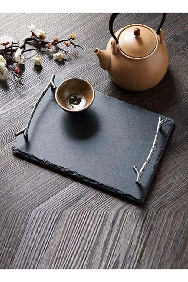 Natural Stone Slate Serving Tray With Arborization Handle ,30x20CM