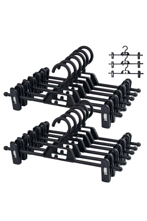 10 Pack Clip Pants Hangers, Adjustable Non-Slip Plastic Trouser & Skirt Hangers, Stackable Clothes Hangers with Clips – 32x13cm (13x5 inch)(Black)