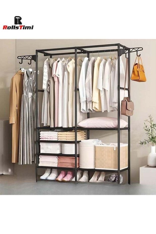 Double Row Metal Clothes Organizer Multi-Functional Portable Wardrobe With Two Sections And Poles For Hanging Clothes Black