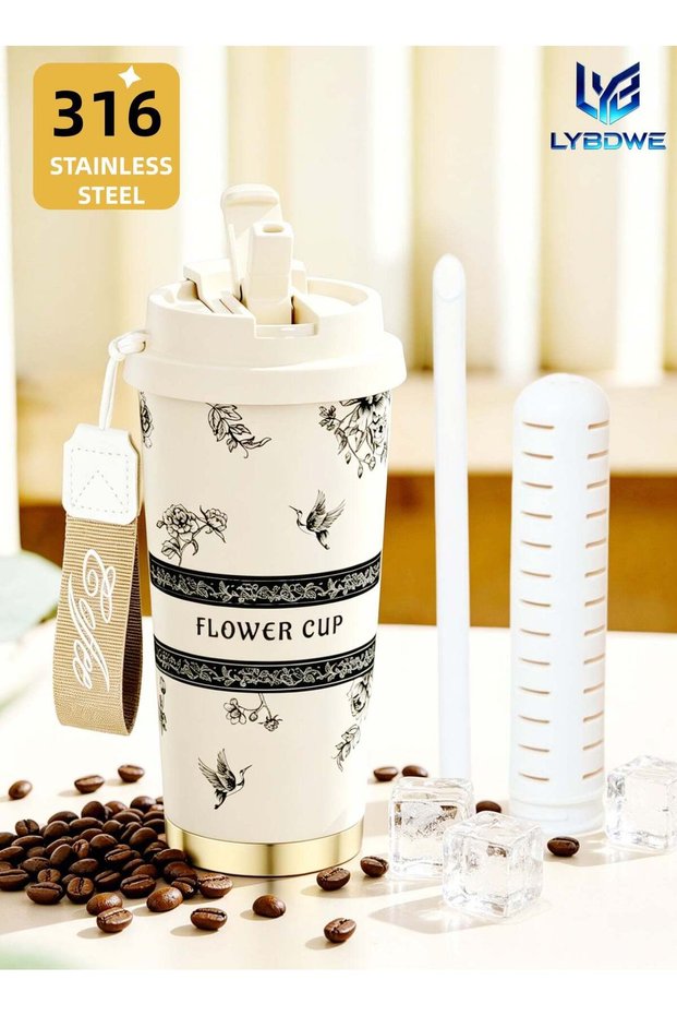 LYBDWE Travel Mug,Coffee mug,Coffee cup,Ceramic coating Lined,316 Stainless Steel,BPA Free,Vacuum Insulated Tumbler for Water, Iced Tea or Coffee, Smoothie and More (Gardenia-White, 18 Onuces)