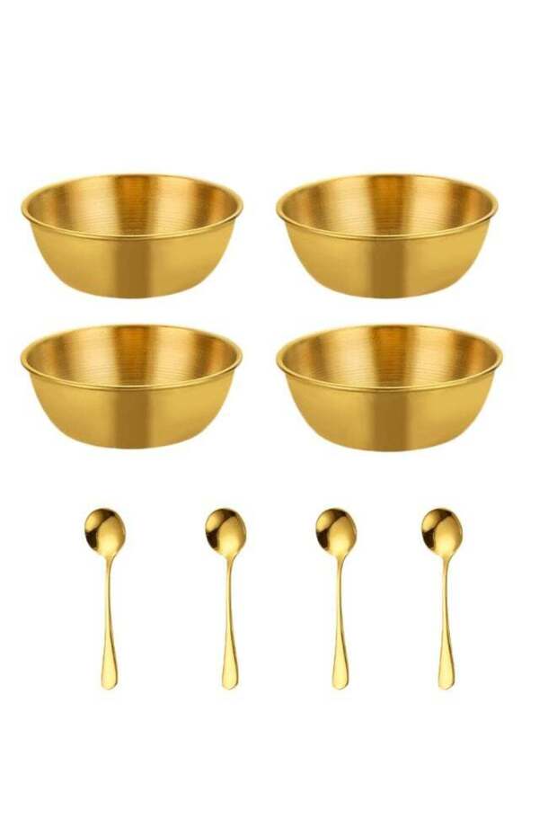 Stainless Steel Dipping Bowls Set, 4Pcs Gold Sauce Dishes with 4 Spoons, Small Sauce Bowls Stackabl