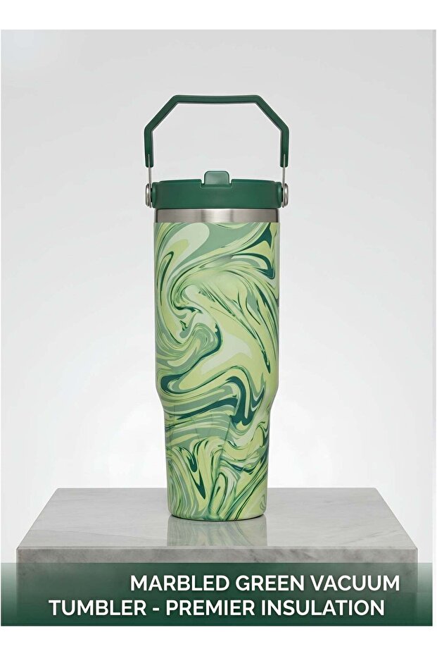 IceFlow 2.0 Fast Flow 30 oz Insulated Stainless Steel Tumbler with Handle – Leakproof BPA-Free Water Bottle with Twist-On Angled Spout Lid, Marble Green