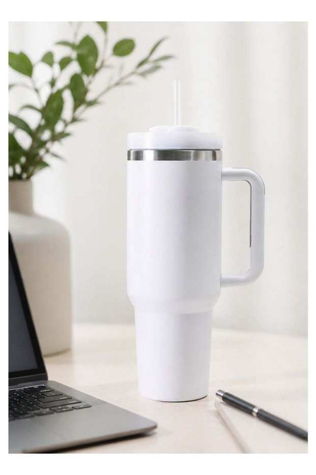 40oz White Stainless Steel Tumbler with Handle & Straw Lid | Vacuum Insulated Leak-Resistant Water Bottle 1200ml | Reusable Travel Mug for Home, Office & Car
