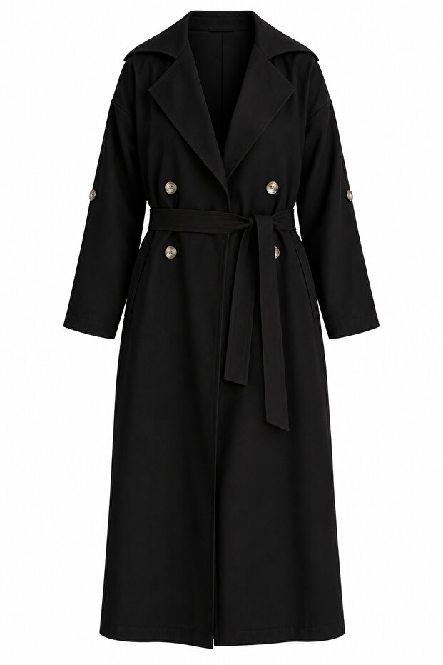 Black Long Trench Coat with Pockets - 3Y7310