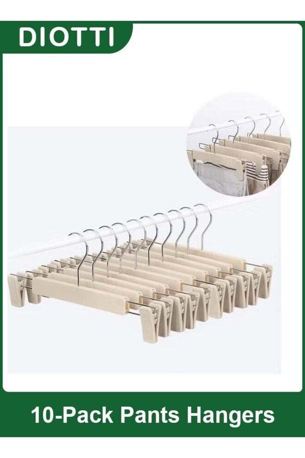 10 Pack Pants Hangers with Clips, Plastic Clothes Hangers with 360° Swivel Hooks, Adjustable Non-Slip Clips for Skirts, Shorts, Trousers, and More (Khaki)