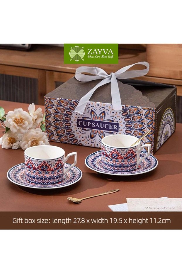 Luxury Ceramic Coffee Cup Set & Mug Gift Collection (2 Cups, 2 Saucers, 2 Petal-Shaped Golden Spoons) - Persian Garden Heritage, Fusion of Bohemian Spirit and Middle Eastern Craftsmanship, Premium Gi