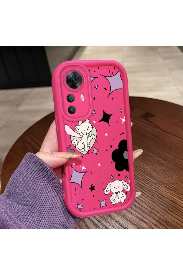 Redmi K50 Ultra Compatible Pink Red Silicone Case Shockproof Camera Protection Cat and Star Pattern