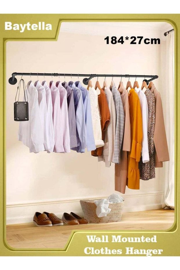 Clothes Rack Wall Mounted, Industrial Pipe Clothes Hanger Rack for Hanging Clothes, Heavy Duty Space-Saving Garment Rack for Closet Storage, 184 × 27 × 8.5 CM
